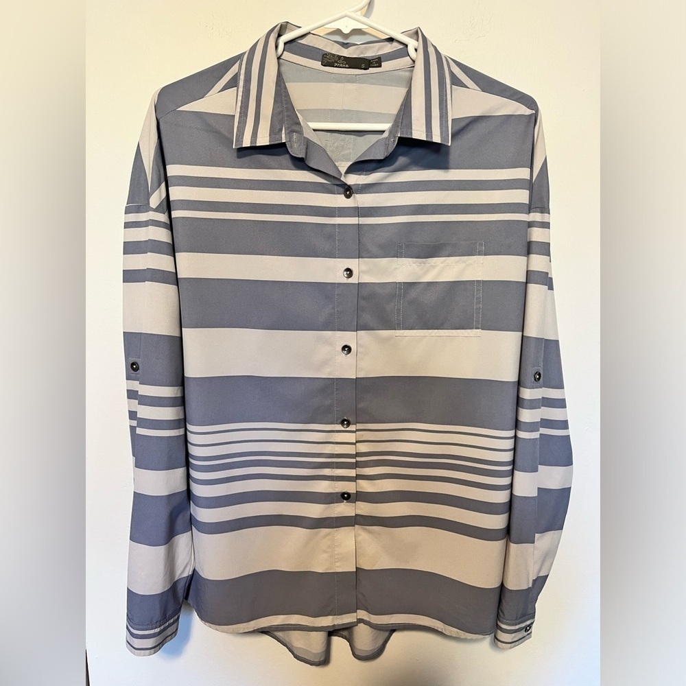 PrAna Women's Striped Agnes Blue White Button Down Shirt Roll Tab Sleeves Size S